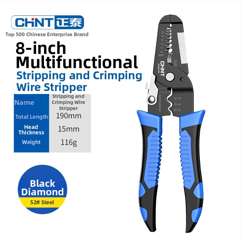 Chint Клещи за обелване на проводници – многофункционални професионални клещи за обелване, кримпване и рязане; Форма: клещи за обелване на проводник; Тегло: 0.11