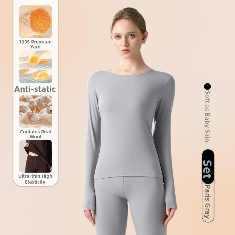 Női könnyű alapréteg készlet modal, gyapjú és akril alapanyagból; hosszú ujjú felső és nadrág; 80–90% modal; közepes vastagságú 181–200 g/m²; viselhető külső ruházatként.