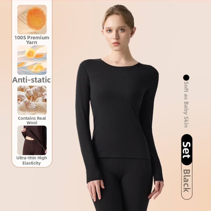 Női könnyű alapréteg készlet modal, gyapjú és akril alapanyagból; hosszú ujjú felső és nadrág; 80–90% modal; közepes vastagságú 181–200 g/m²; viselhető külső ruházatként.