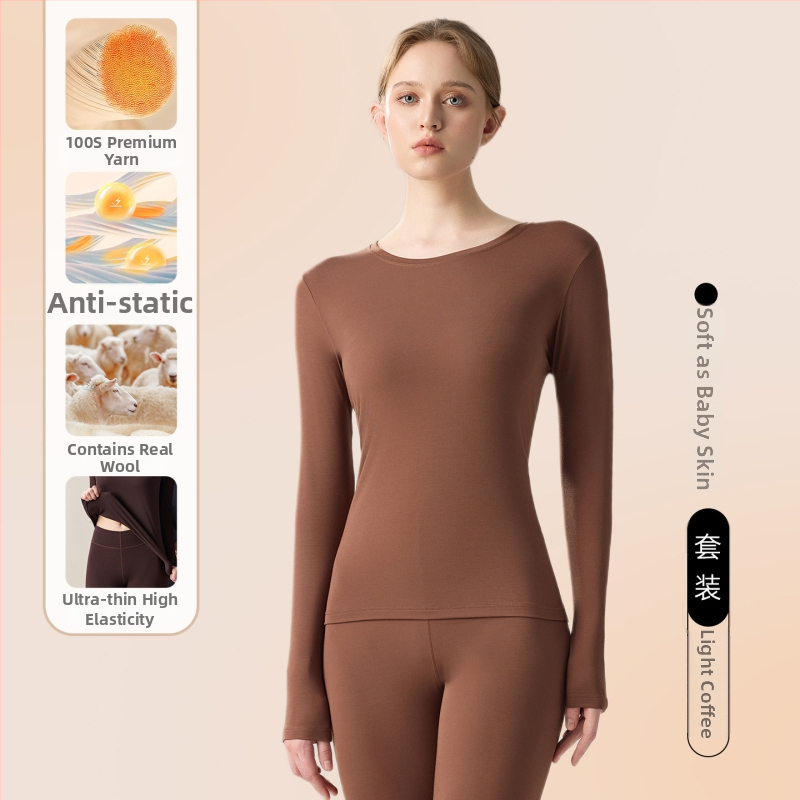 Női könnyű alapréteg készlet modal, gyapjú és akril alapanyagból; hosszú ujjú felső és nadrág; 80–90% modal; közepes vastagságú 181–200 g/m²; viselhető külső ruházatként.