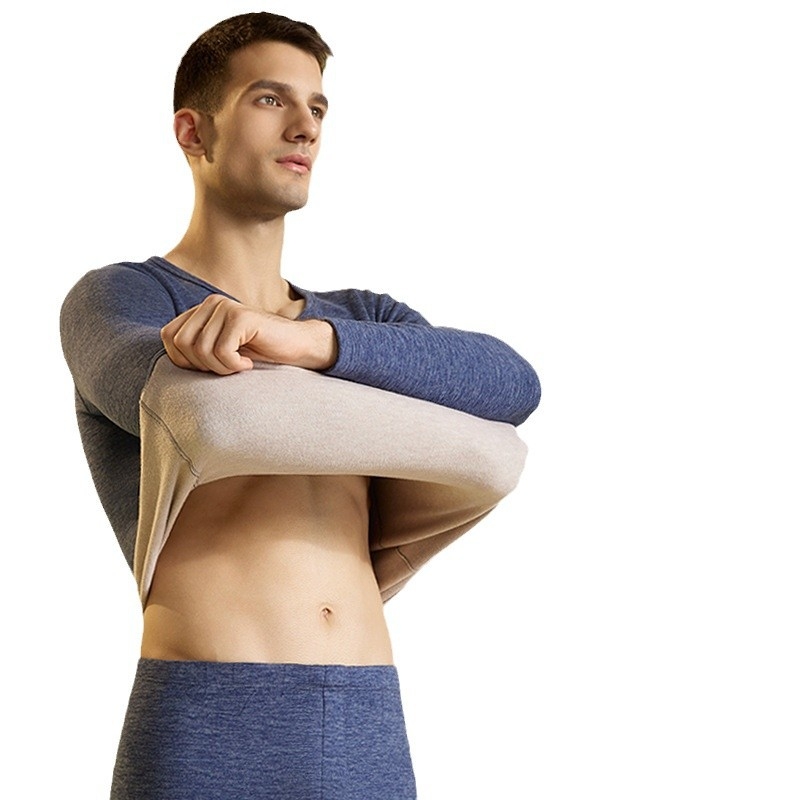 Set de lenjerie termică pentru bărbați – căptușit cu fleece și velur, bază pentru partea superioară și inferioară, guler rotund, mâneci lungi