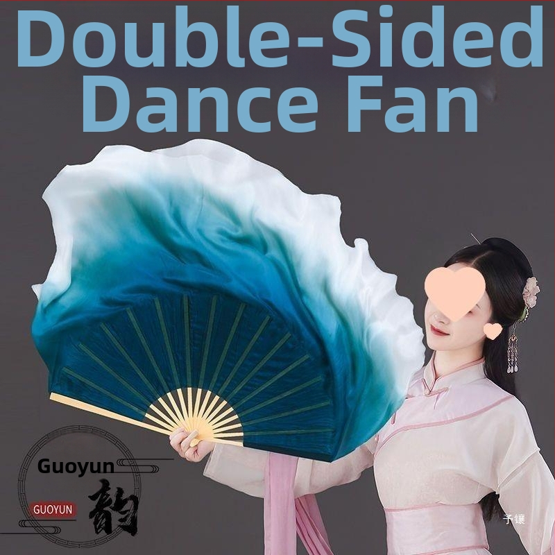 Dvojstranný tanečný fán zo saténovej textúry so gradientnou úpravou, kaligraficky inšpirovaný dizajn v klasickom etnickom štýle (Leto 2021)