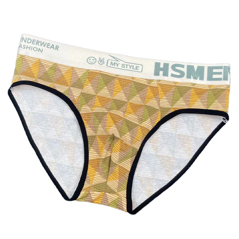 Férfi pamut nyomtatott brief, légáteresztő kötött anyag, középmagas derék, 95–100% pamut, ágyék alatti bélés viszkózból, geometriai/kockás/csíkos/szöveges minta, Márka: Arrogant Love