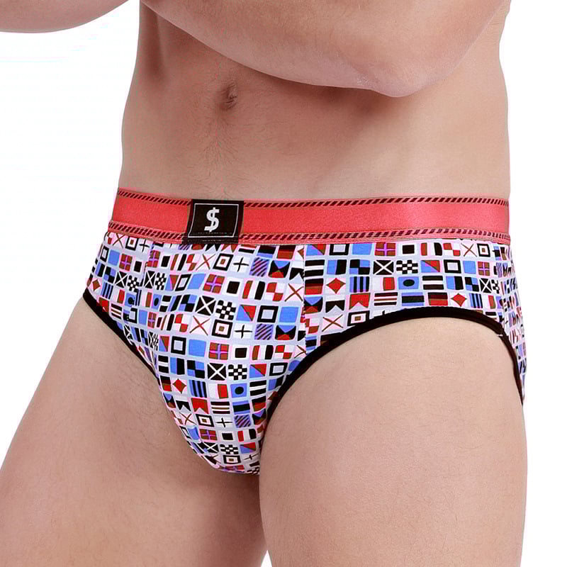 Férfi pamut nyomtatott brief, légáteresztő kötött anyag, középmagas derék, 95–100% pamut, ágyék alatti bélés viszkózból, geometriai/kockás/csíkos/szöveges minta, Márka: Arrogant Love