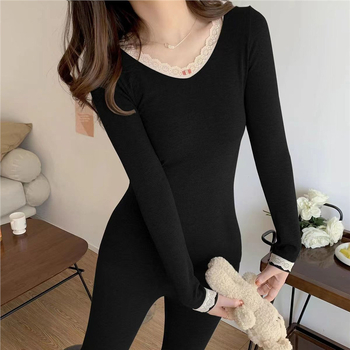 Moterų terminis apatinių komplektas su ilgu viršutiniu ir kelnėmis, aptemptas siluetas, aukšta juosta, rudens-žiemos pagrindinis sluoksnis — Poliesteris; pagrindinis audinys: triušio kailis; ekstra storas 401–500 g/m²; vienas sluoksnis; liesas kirpimas