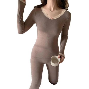 Moterų terminis apatinių komplektas su ilgu viršutiniu ir kelnėmis, aptemptas siluetas, aukšta juosta, rudens-žiemos pagrindinis sluoksnis — Poliesteris; pagrindinis audinys: triušio kailis; ekstra storas 401–500 g/m²; vienas sluoksnis; liesas kirpimas