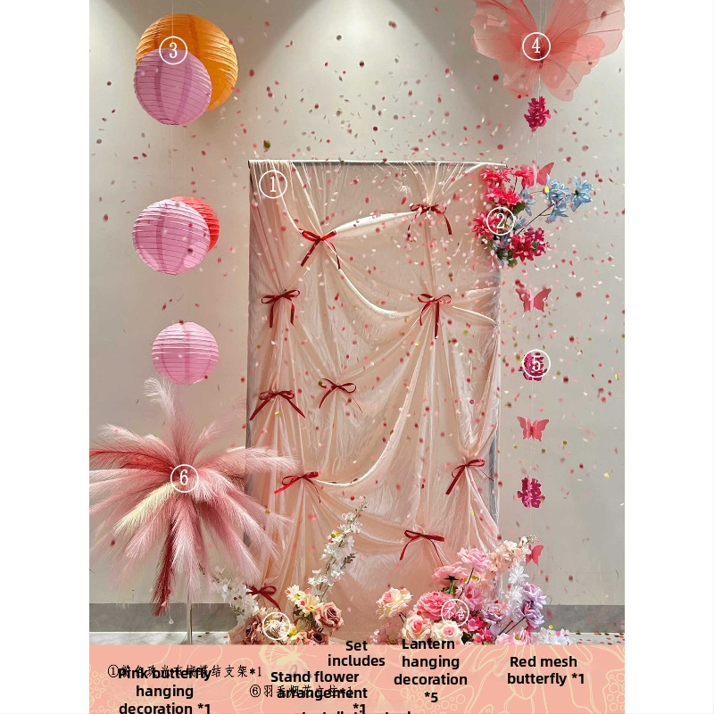 Розов комплект за декорация на сватбена стая – материал: прежда; за сватба; други сватбени принадлежности