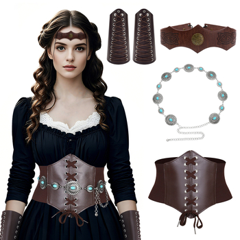 Ficino Accesorii cosplay medieval-Viking: bandă pentru frunte, lanț talie și brățară retro pentru încheietura mâinii, pentru adulți — lansare iarna 2025