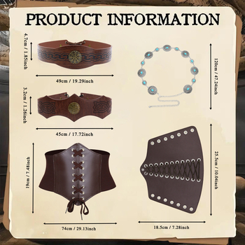 Ficino Accesorii cosplay medieval-Viking: bandă pentru frunte, lanț talie și brățară retro pentru încheietura mâinii, pentru adulți — lansare iarna 2025