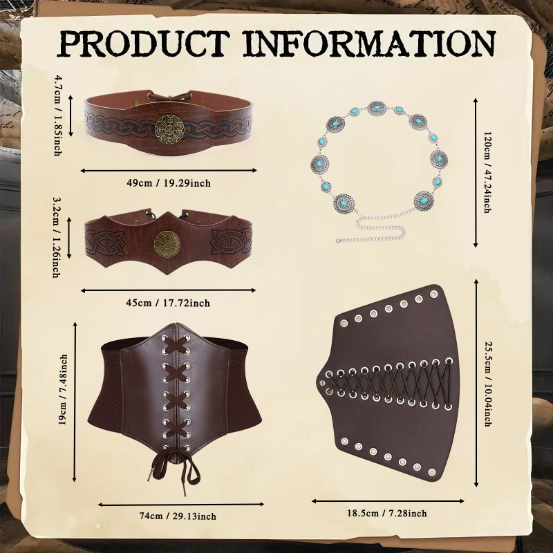 Ficino Accesorii cosplay medieval-Viking: bandă pentru frunte, lanț talie și brățară retro pentru încheietura mâinii, pentru adulți — lansare iarna 2025