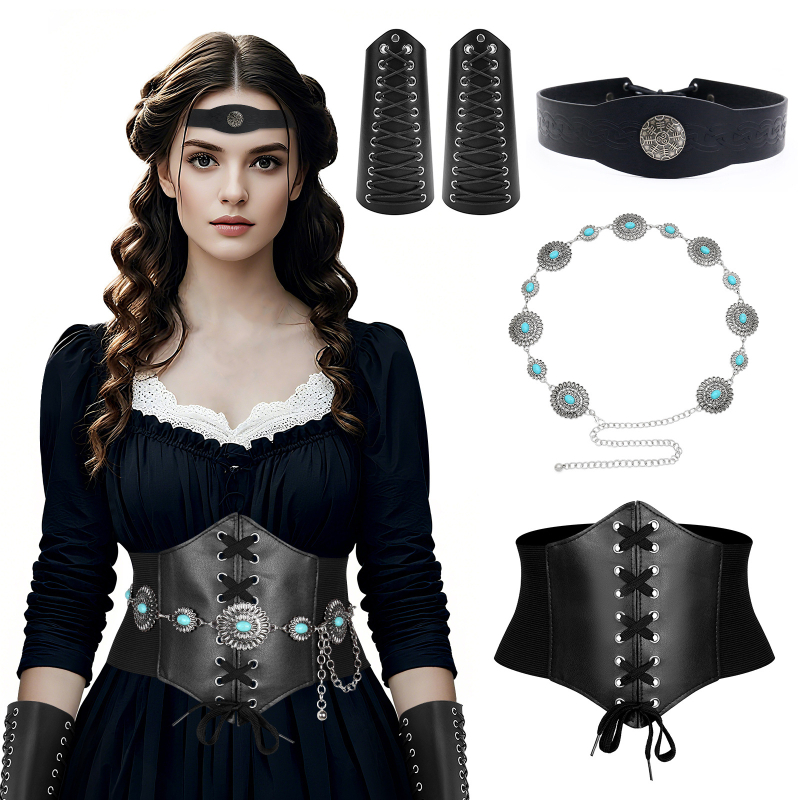 Ficino Accesorii cosplay medieval-Viking: bandă pentru frunte, lanț talie și brățară retro pentru încheietura mâinii, pentru adulți — lansare iarna 2025