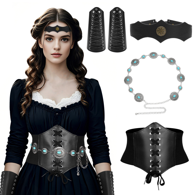 Ficino Accesorii cosplay medieval-Viking: bandă pentru frunte, lanț talie și brățară retro pentru încheietura mâinii, pentru adulți — lansare iarna 2025