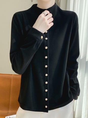 Kreklis kardigāns no ķīmisko šķiedru maisījuma ar poliesteru, vienkrāsains, stāvošā apkakle, garas piedurknes, pūderēta virsma, pērlīšu pogas, izsmalcināts ikdienas stils, garums 50–65 cm