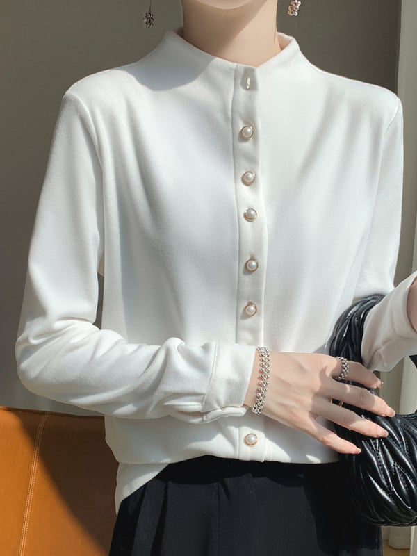 Kreklis kardigāns no ķīmisko šķiedru maisījuma ar poliesteru, vienkrāsains, stāvošā apkakle, garas piedurknes, pūderēta virsma, pērlīšu pogas, izsmalcināts ikdienas stils, garums 50–65 cm