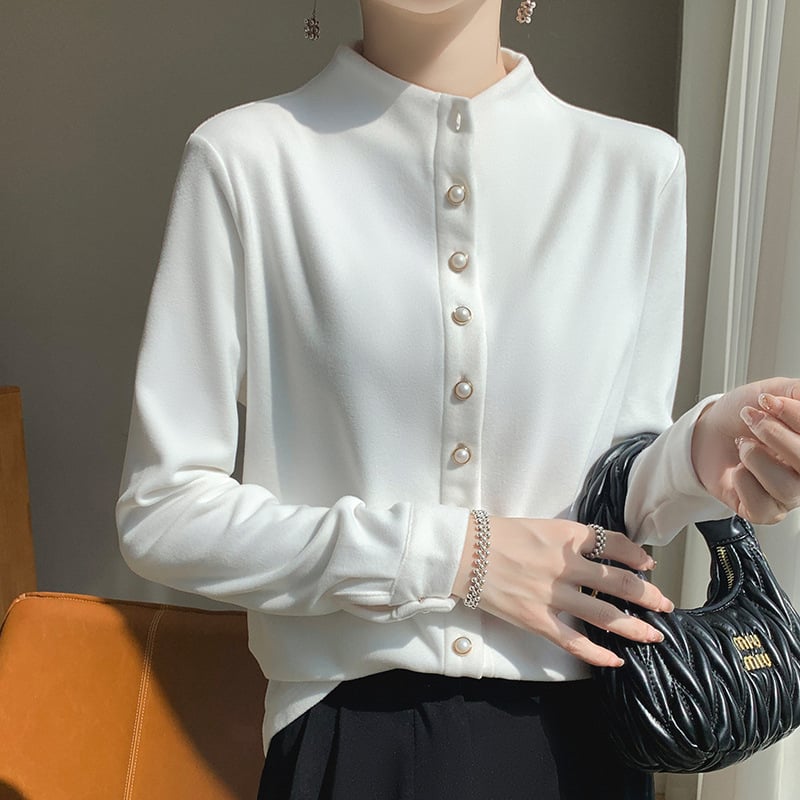 Kreklis kardigāns no ķīmisko šķiedru maisījuma ar poliesteru, vienkrāsains, stāvošā apkakle, garas piedurknes, pūderēta virsma, pērlīšu pogas, izsmalcināts ikdienas stils, garums 50–65 cm