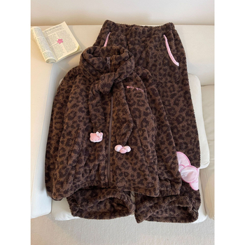 Set de pijamale pentru femei, imprimeu leopard, din fleece coral, gros, 201–250 g/m², guler rotund, mâneci lungi