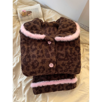 Set de pijamale pentru femei, imprimeu leopard, din fleece coral, gros, 201–250 g/m², guler rotund, mâneci lungi