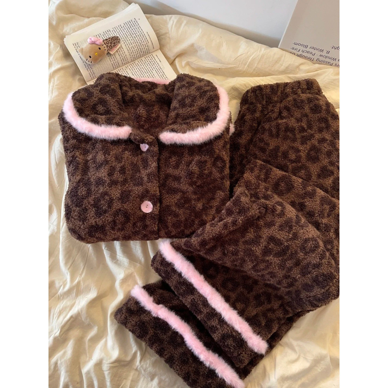 Set de pijamale pentru femei, imprimeu leopard, din fleece coral, gros, 201–250 g/m², guler rotund, mâneci lungi