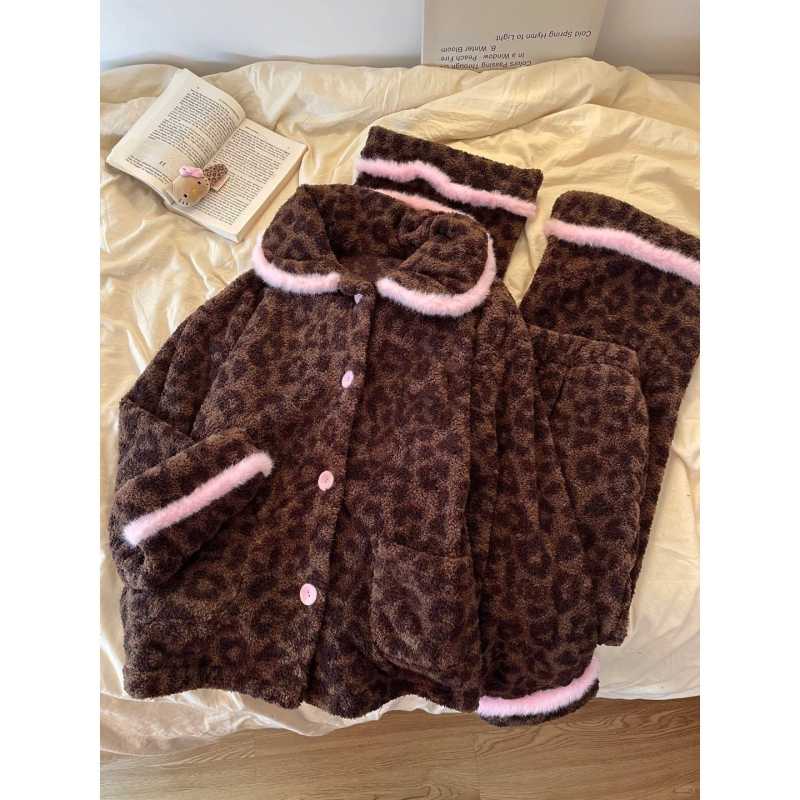 Set de pijamale pentru femei, imprimeu leopard, din fleece coral, gros, 201–250 g/m², guler rotund, mâneci lungi