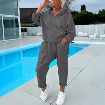 Ženski dvodjelni set s kapuljačom, jesen 2024, najlon tkanina s poliester-elastinska smjesa, dugi rukavi, urbani casual stil