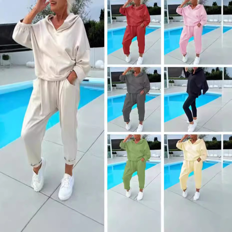 Ženski dvodjelni set s kapuljačom, jesen 2024, najlon tkanina s poliester-elastinska smjesa, dugi rukavi, urbani casual stil