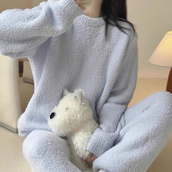 Set de pijamale pentru femei, căptușit cu semi-catifea, călduros, stil minimalist pentru casă, cu guler rotund, mâneci lungi și pantaloni