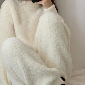 Set de pijamale pentru femei, căptușit cu semi-catifea, călduros, stil minimalist pentru casă, cu guler rotund, mâneci lungi și pantaloni