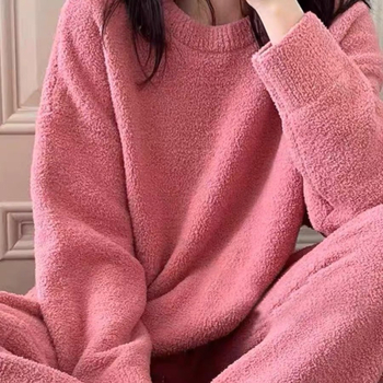 Set de pijamale pentru femei, căptușit cu semi-catifea, călduros, stil minimalist pentru casă, cu guler rotund, mâneci lungi și pantaloni