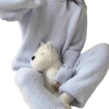 Set de pijamale pentru femei, căptușit cu semi-catifea, călduros, stil minimalist pentru casă, cu guler rotund, mâneci lungi și pantaloni