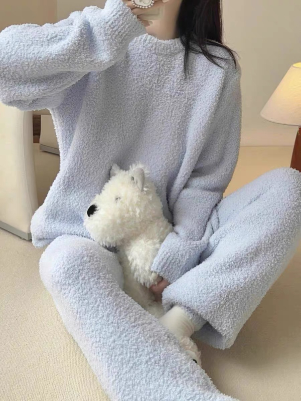 Set de pijamale pentru femei, căptușit cu semi-catifea, călduros, stil minimalist pentru casă, cu guler rotund, mâneci lungi și pantaloni