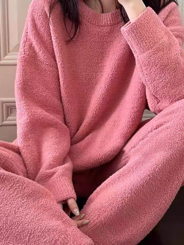 Set de pijamale pentru femei, căptușit cu semi-catifea, călduros, stil minimalist pentru casă, cu guler rotund, mâneci lungi și pantaloni