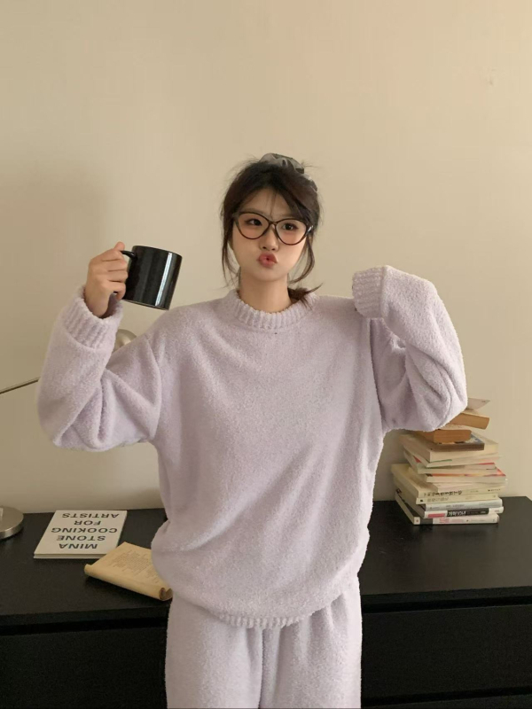 Set de pijamale pentru femei, căptușit cu semi-catifea, călduros, stil minimalist pentru casă, cu guler rotund, mâneci lungi și pantaloni