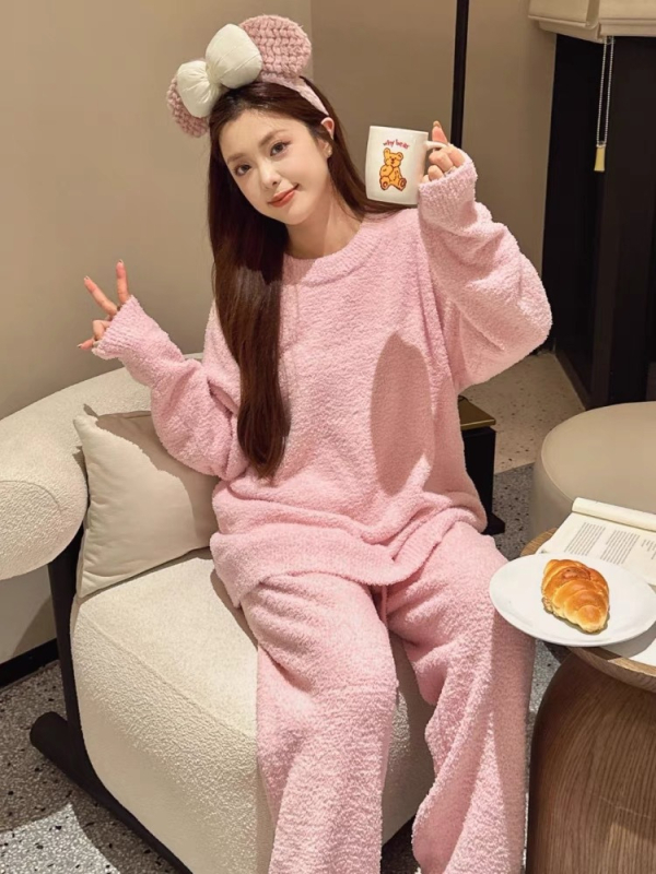 Set de pijamale pentru femei, căptușit cu semi-catifea, călduros, stil minimalist pentru casă, cu guler rotund, mâneci lungi și pantaloni
