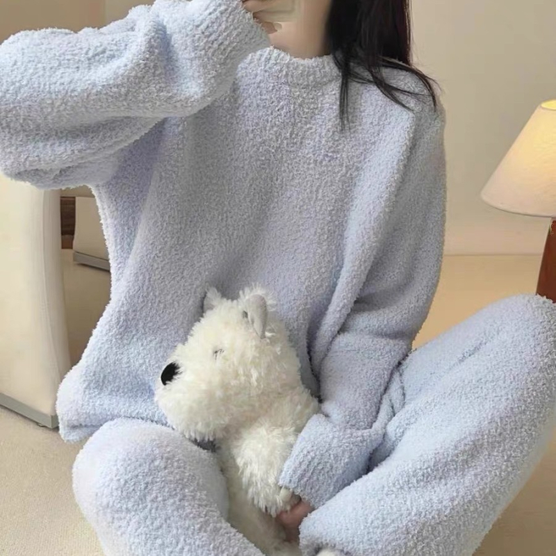 Set de pijamale pentru femei, căptușit cu semi-catifea, călduros, stil minimalist pentru casă, cu guler rotund, mâneci lungi și pantaloni