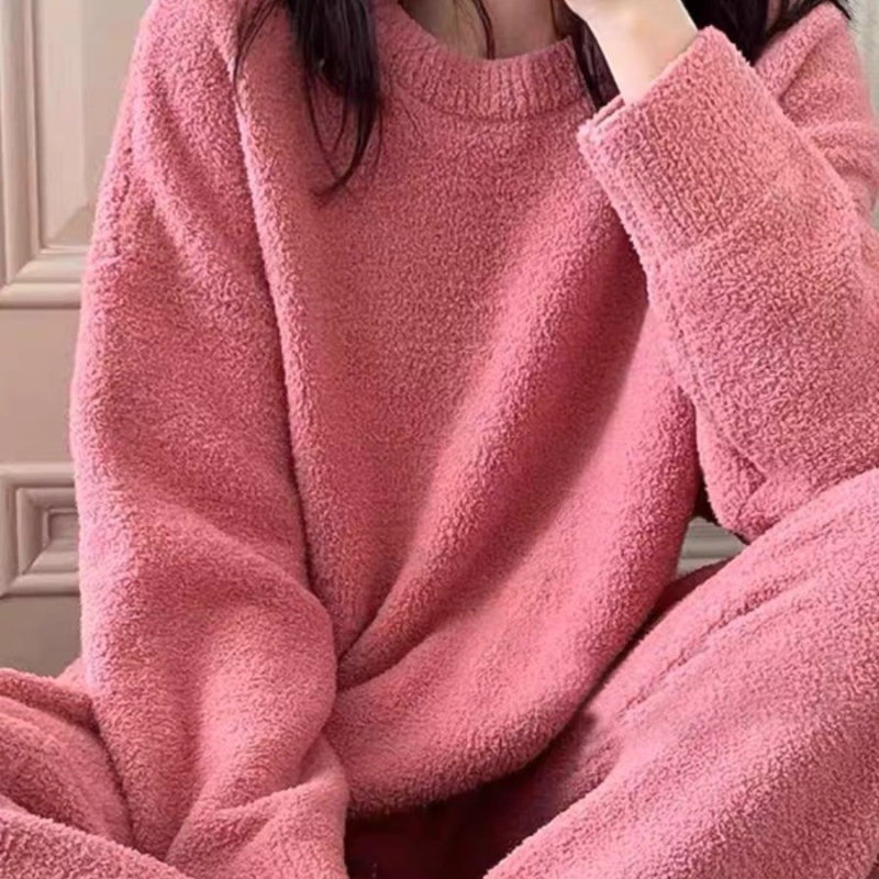 Set de pijamale pentru femei, căptușit cu semi-catifea, călduros, stil minimalist pentru casă, cu guler rotund, mâneci lungi și pantaloni