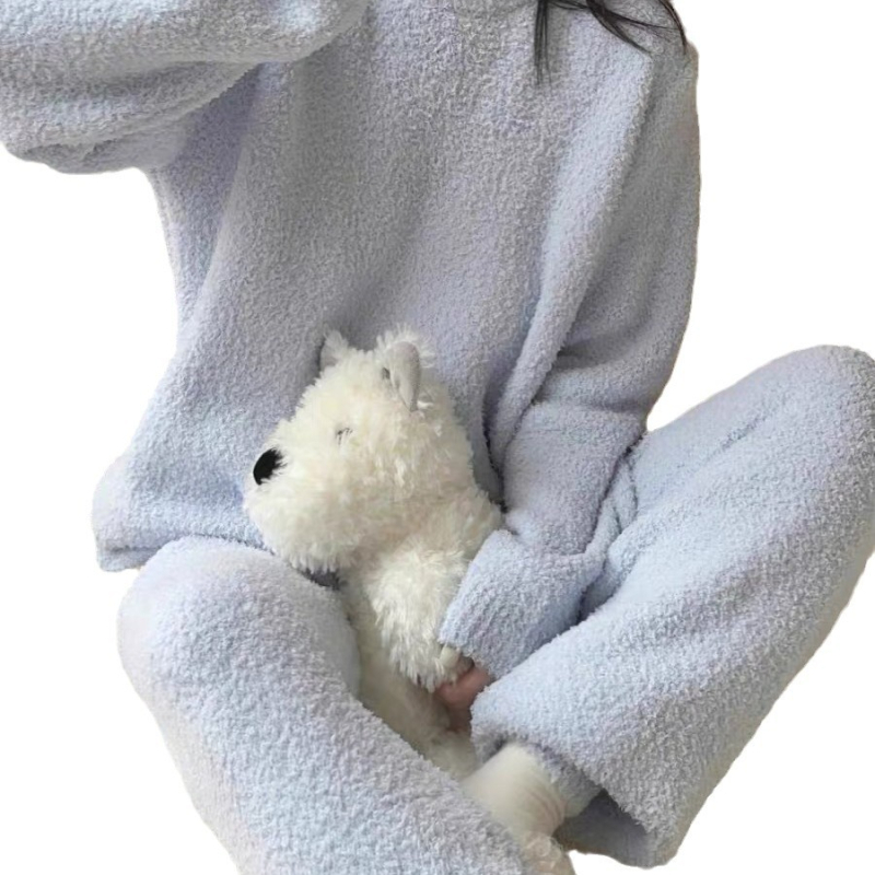 Set de pijamale pentru femei, căptușit cu semi-catifea, călduros, stil minimalist pentru casă, cu guler rotund, mâneci lungi și pantaloni