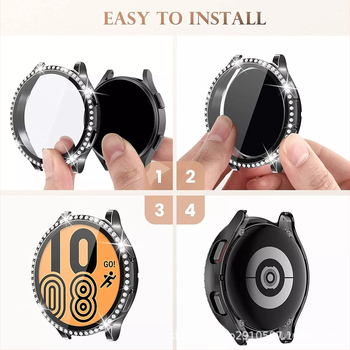 Išmaniojo laikrodžio dėklas su vienos eilės deimantais ir integruota stiklo ekrano apsauga — silikonas, suderinamas su Samsung Galaxy Watch 5/6