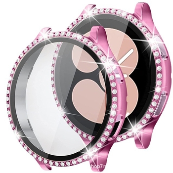 Išmaniojo laikrodžio dėklas su vienos eilės deimantais ir integruota stiklo ekrano apsauga — silikonas, suderinamas su Samsung Galaxy Watch 5/6