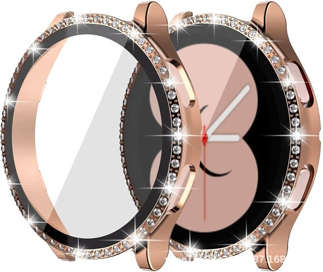 Išmaniojo laikrodžio dėklas su vienos eilės deimantais ir integruota stiklo ekrano apsauga — silikonas, suderinamas su Samsung Galaxy Watch 5/6