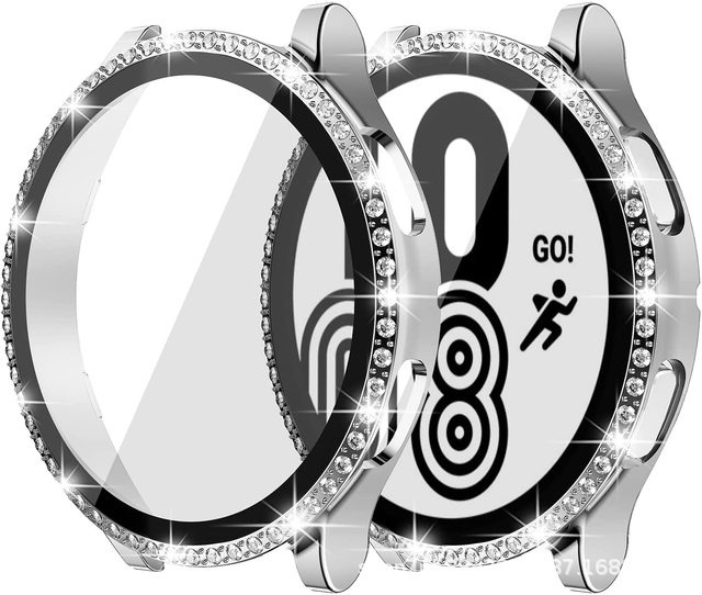 Išmaniojo laikrodžio dėklas su vienos eilės deimantais ir integruota stiklo ekrano apsauga — silikonas, suderinamas su Samsung Galaxy Watch 5/6