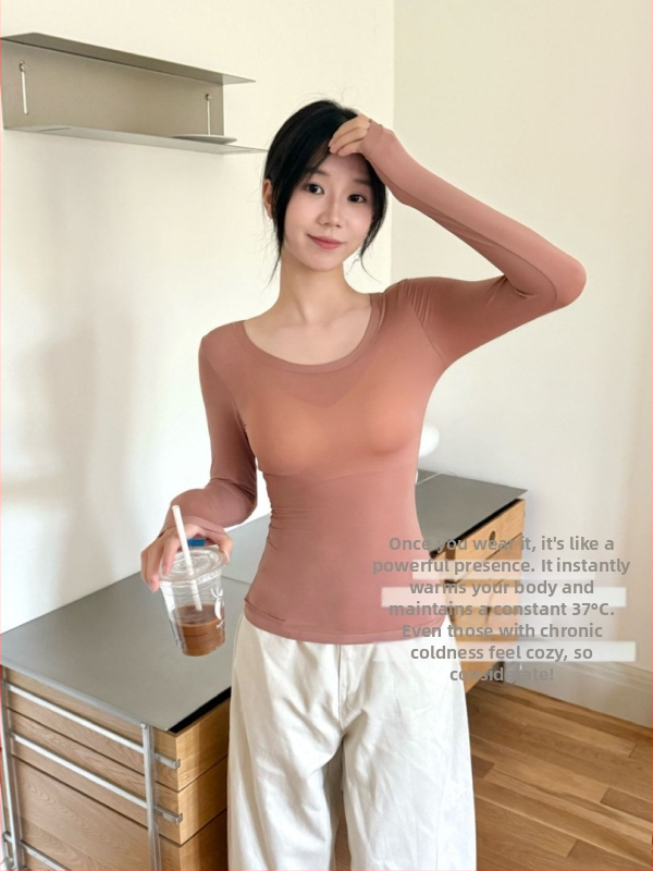 Set termic de bază pentru femei — tricou cu guler rotund fără cusături și pantaloni, nailon 82% / spandex 18%, țesătură ultraușoară (61–80 g/m2)