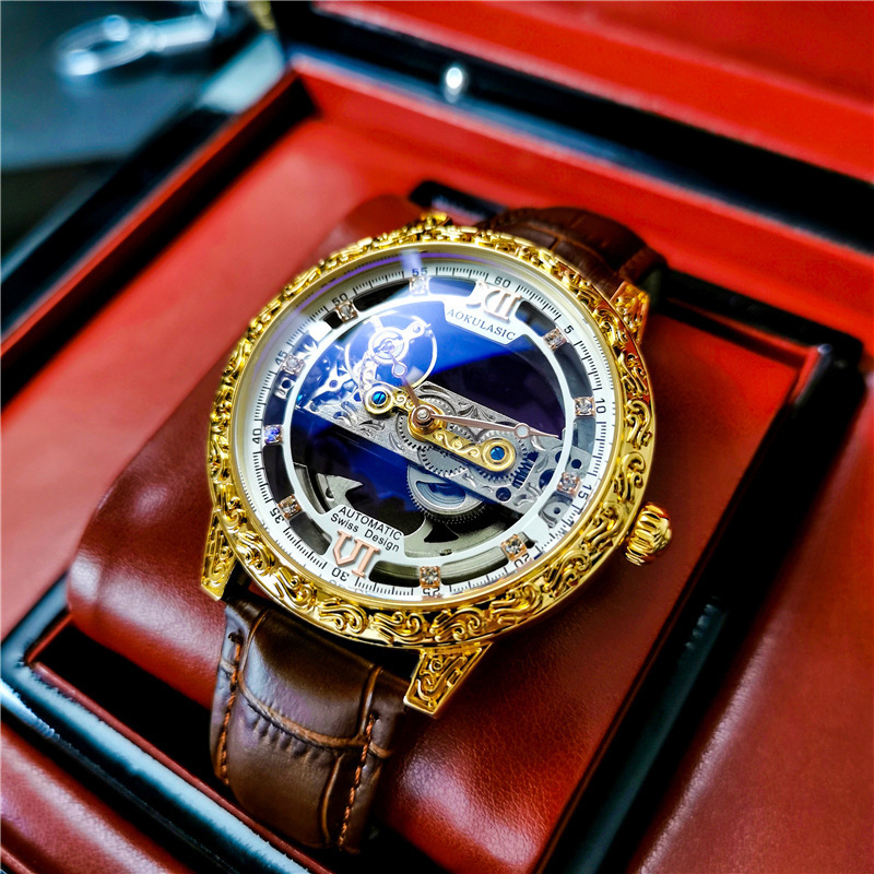 Vīriešu automātiska mehāniska pulksteņa ar dubulti skeleta dizainu, ūdensizturīgs 30 m, luminiscējošs (Mehānisms: Mehānisks, Pārvietošanas zīmols: Dandong, Ūdensizturība: 30m, Dubultais skelets)