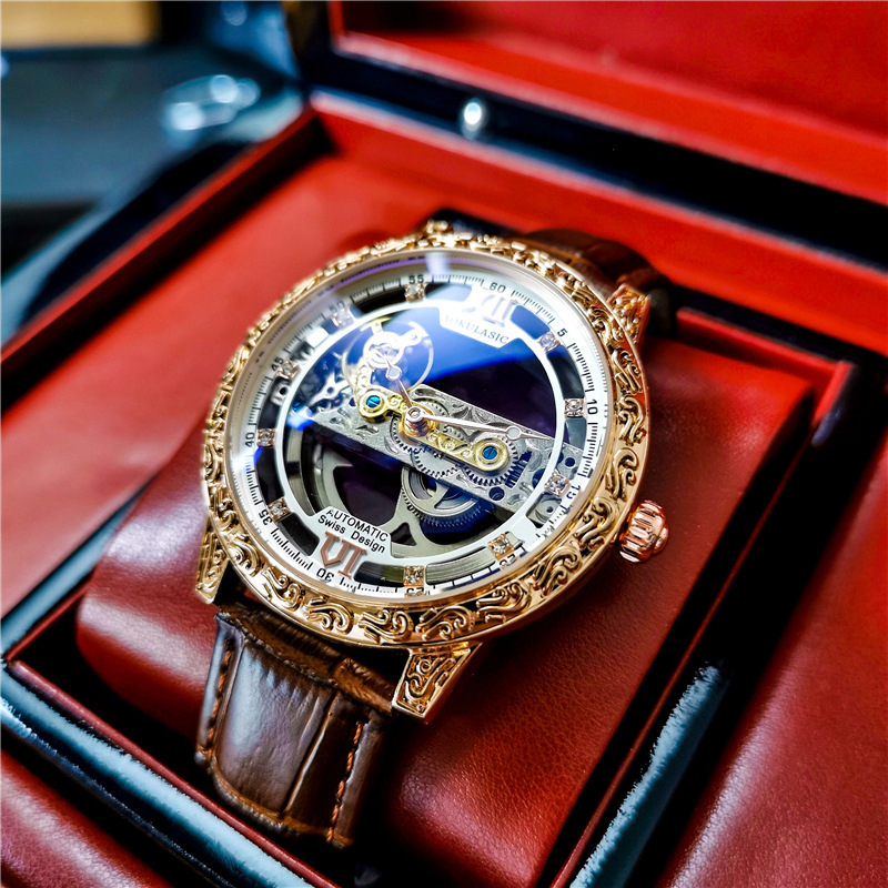 Vīriešu automātiska mehāniska pulksteņa ar dubulti skeleta dizainu, ūdensizturīgs 30 m, luminiscējošs (Mehānisms: Mehānisks, Pārvietošanas zīmols: Dandong, Ūdensizturība: 30m, Dubultais skelets)