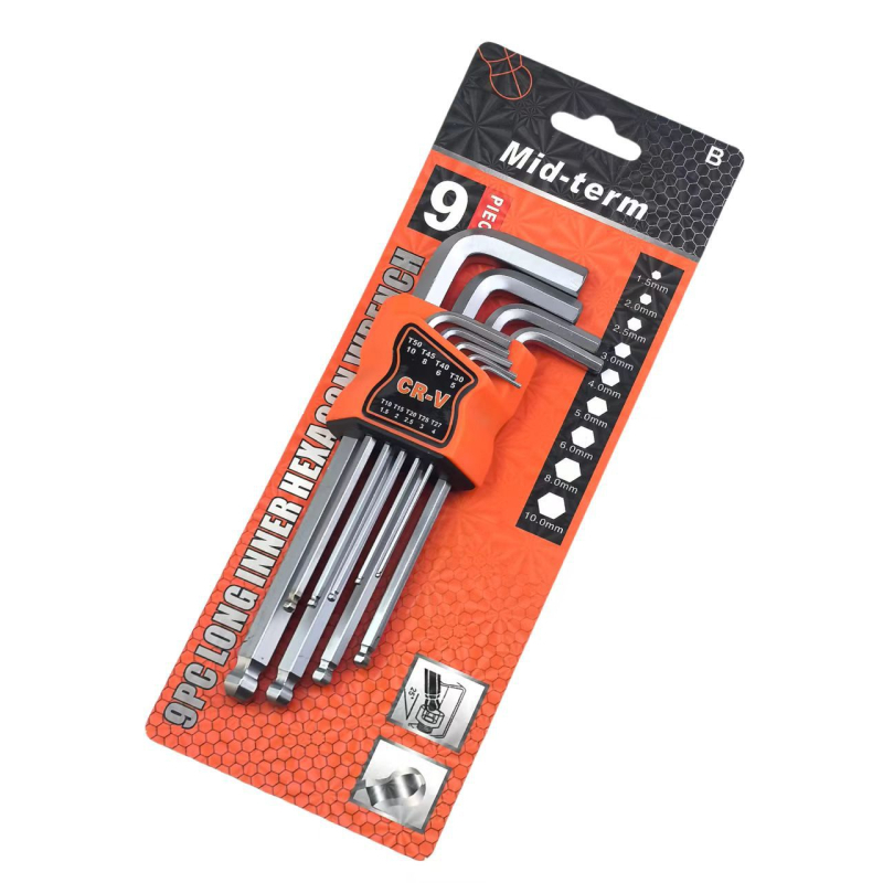 9 darabos golyófejű imbuszkulcs-készlet, L-alakú, középtávú hosszabbító