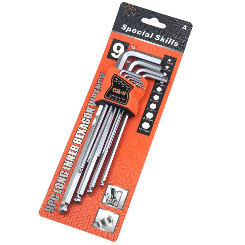 9 darabos golyófejű imbuszkulcs-készlet, L-alakú, középtávú hosszabbító