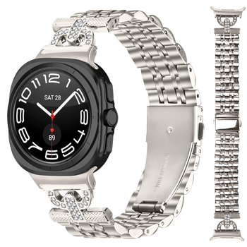 Brățară metalică pentru Samsung Watch Ultra/Ultra2, 47 mm, design în formă D cu șapte mărgele (Curea metalică, lățime interfeței 20 mm, închidere pliabilă, stil modern, 40 g)