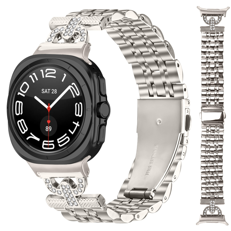 Brățară metalică pentru Samsung Watch Ultra/Ultra2, 47 mm, design în formă D cu șapte mărgele (Curea metalică, lățime interfeței 20 mm, închidere pliabilă, stil modern, 40 g)