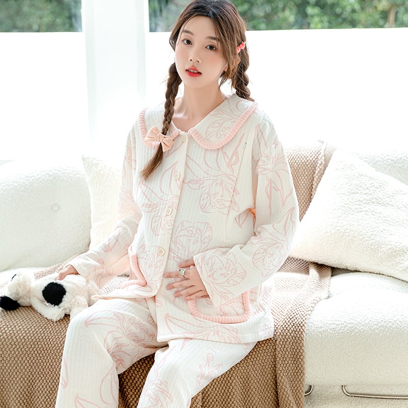 Nėščiųjų maitinančiųjų pižamų komplektas – rudens-žiemos kardigano stilius (Air Cotton, 100% Polyester, ilgos rankovės, kelnės, 181–200 g/m²)