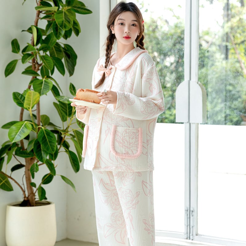 Nėščiųjų maitinančiųjų pižamų komplektas – rudens-žiemos kardigano stilius (Air Cotton, 100% Polyester, ilgos rankovės, kelnės, 181–200 g/m²)