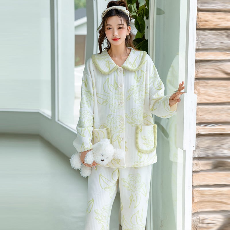 Nėščiųjų maitinančiųjų pižamų komplektas – rudens-žiemos kardigano stilius (Air Cotton, 100% Polyester, ilgos rankovės, kelnės, 181–200 g/m²)